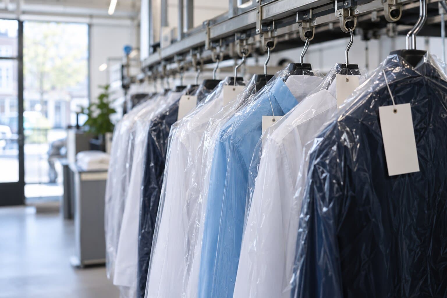 Pressed garments with ticket tags on an overhead rail