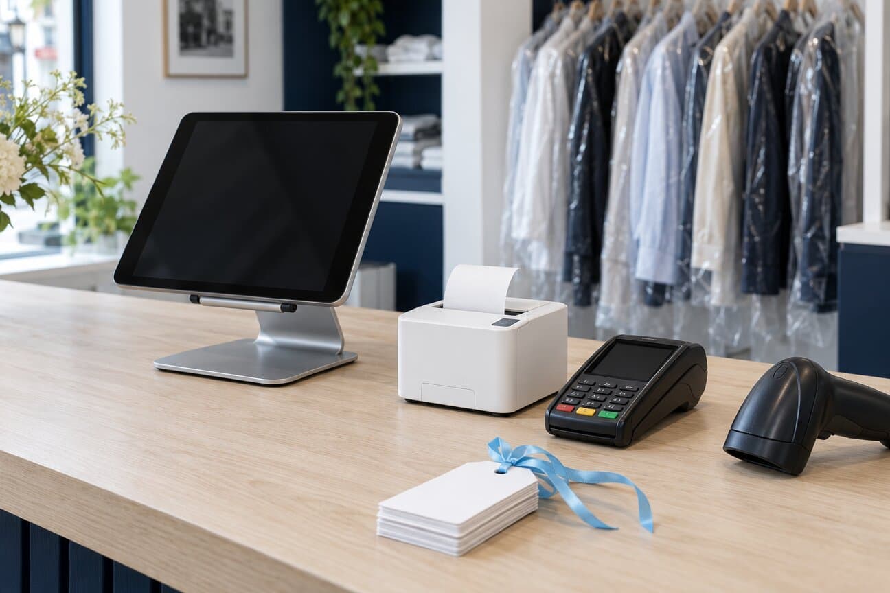 A tablet on a stand, a receipt printer, a card terminal and a barcode scanner on a light-wood shop counter