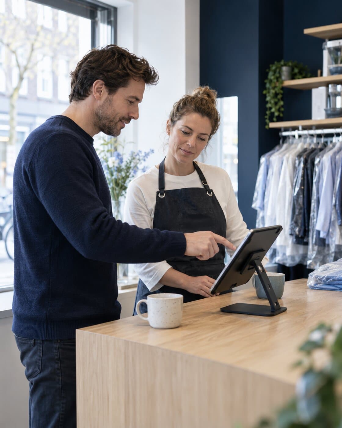 A shop owner and a Drumlr colleague look at a tablet together at the counter